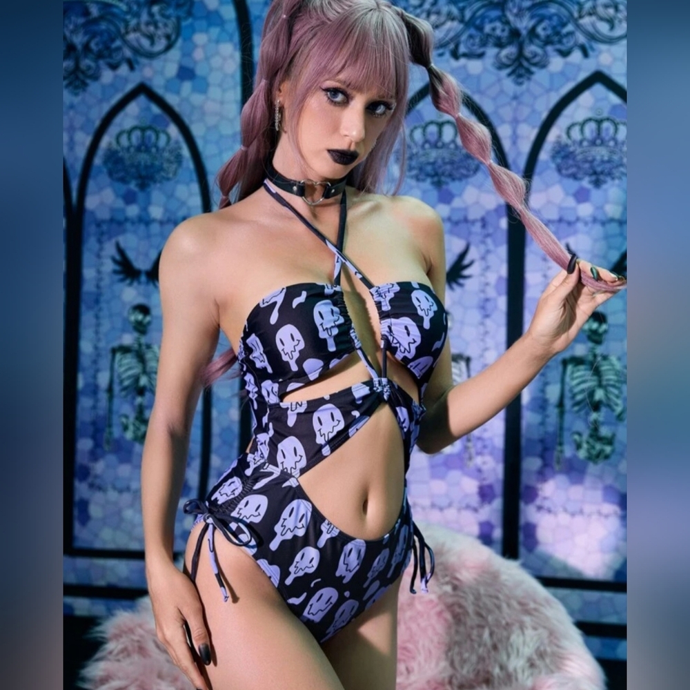 Purple trippy melting smiley face rave swim suit - Picture 2 of 4